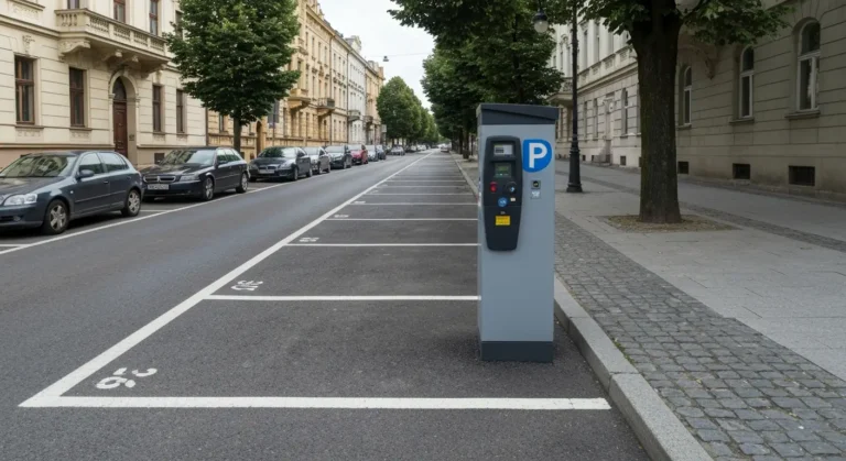 Strefa platnego parkowania przy reprezentacyjnej alei w Czestochowie - zaparkowane auta wzdluz wyznaczonych miejsc, park