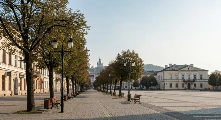 Szeroka aleja NMP w Czestochowie z kamienicami i drzewami, prowadzaca w strone wiezy klasztoru na Jasnej Gorze
