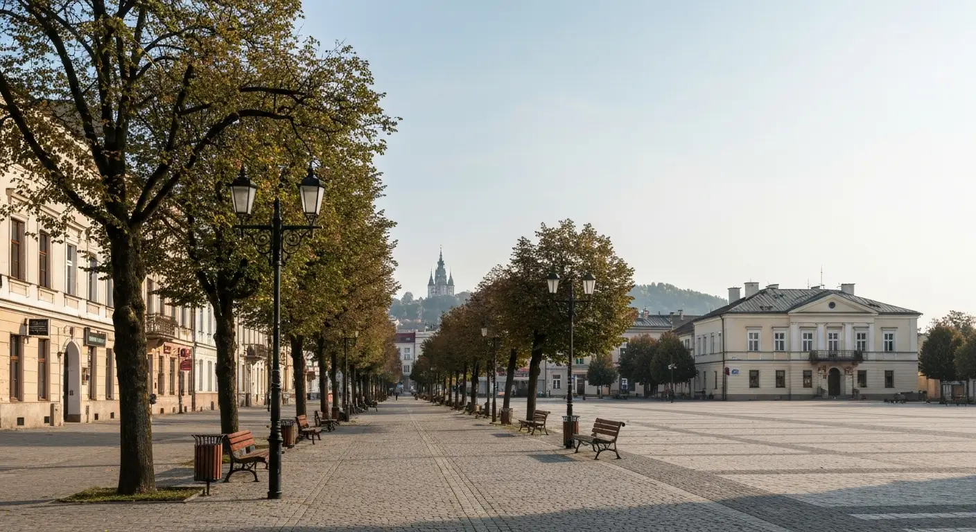 Szeroka aleja NMP w Czestochowie z kamienicami i drzewami, prowadzaca w strone wiezy klasztoru na Jasnej Gorze