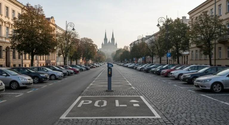 Aleje Najswietszej Maryi Panny w Czestochowie z zaparkowanymi samochodami w strefie platnej i widokiem na Jasna Gore w o