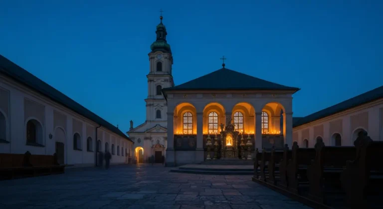 Klasztor Jasna Gora w Czestochowie o zmierzchu, rozswietlona kaplica Cudownego Obrazu i wieza bazyliki nad krajobrazem J