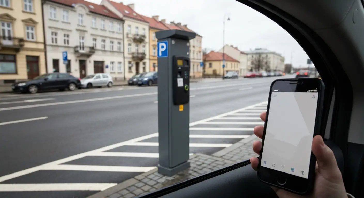 Smartfon z aplikacja parkingowa przy parkomacie w strefie platnego parkowania na alei w Czestochowie, zaparkowane samoch