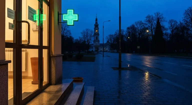 Wejscie do apteki noca przy alei w Czestochowie ze swiecacym zielonym krzyzem i wieza Jasnej Gory w tle