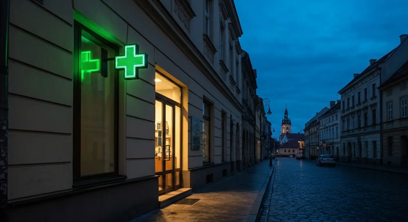 Nocne wejscie do apteki na czestochowskiej ulicy ze swiecacym zielonym krzyzem aptecznym, zabytkowe kamienice i sylwetka