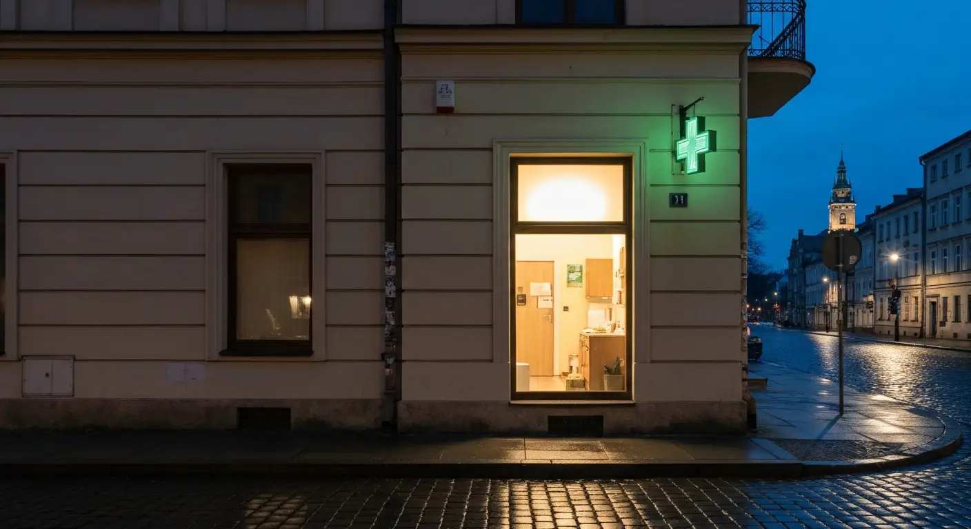 Nocne zdjecie niewielkiej apteki na spokojnej ulicy w centrum Czestochowy, rozswietlona witryna i zielony krzyz nad wejs