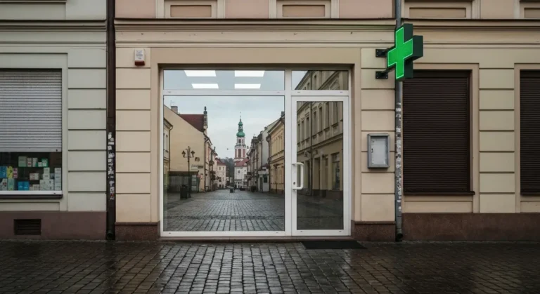 Niewielka apteka z zielonym krzyzem przy pustej niedzielnej alei w Czestochowie, w tle wieza Jasnej Gory