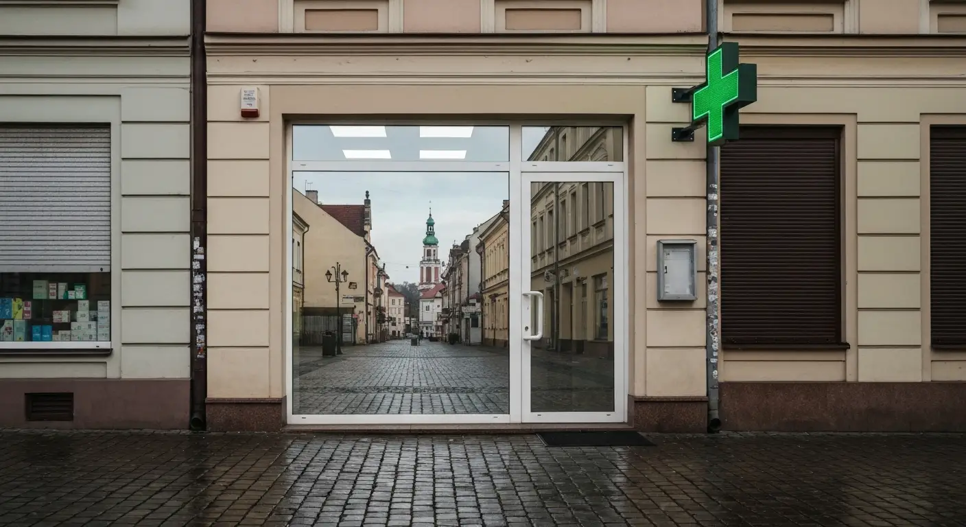 Niewielka apteka z zielonym krzyzem przy pustej niedzielnej alei w Czestochowie, w tle wieza Jasnej Gory