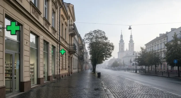 Witryna apteki z zielonym krzyzem przy szerokiej alei w centrum Czestochowy, w tle wieza klasztoru na Jasnej Gorze o por
