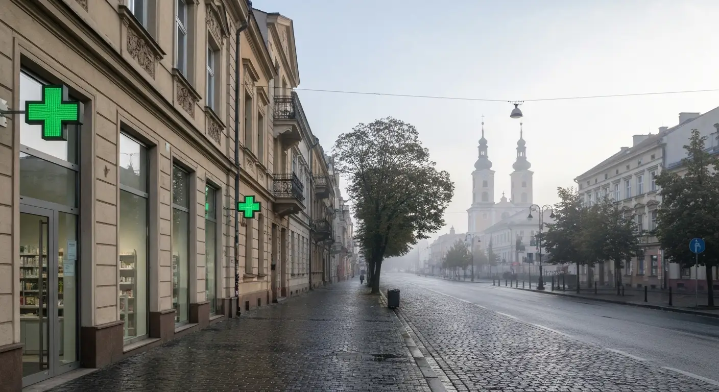 Witryna apteki z zielonym krzyzem przy szerokiej alei w centrum Czestochowy, w tle wieza klasztoru na Jasnej Gorze o por