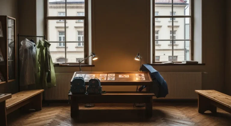 Wnetrze czestochowskiego muzeum w deszczowy dzien z interaktywnym stolikiem dla dzieci, plecakami i parasolem, za oknem