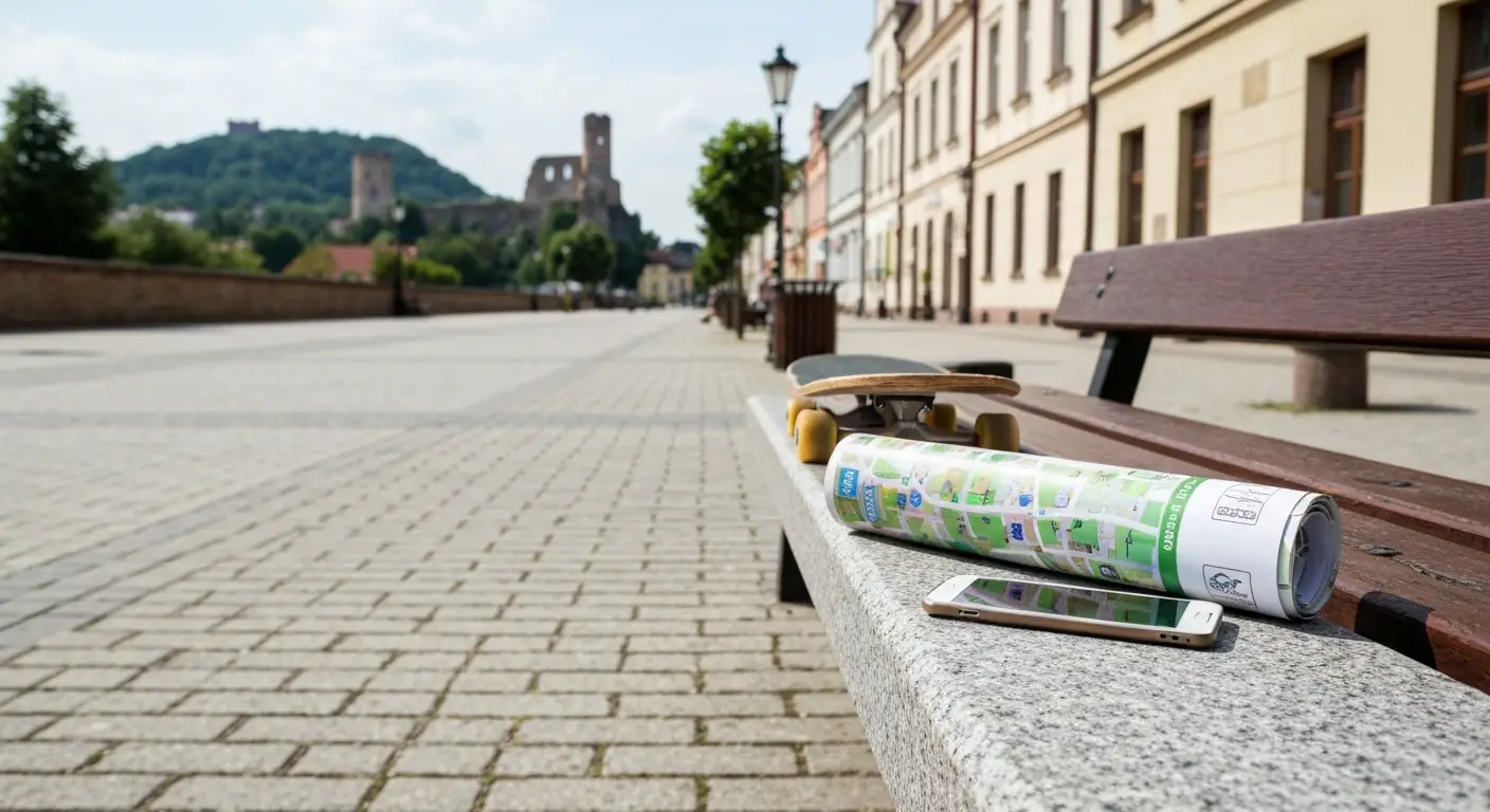 Deskorolka i mapa gry miejskiej na kamiennej lawce przy Alejach NMP w Czestochowie, w tle wzgorza Jury