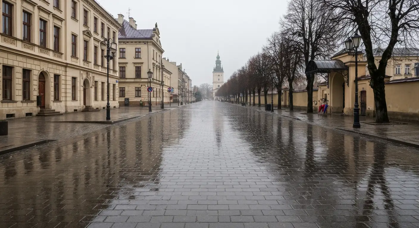 Deszczowe Aleje Najswietszej Maryi Panny w Czestochowie z mokra kostka, zabytkowymi kamienicami i wieza Jasnej Gory we m