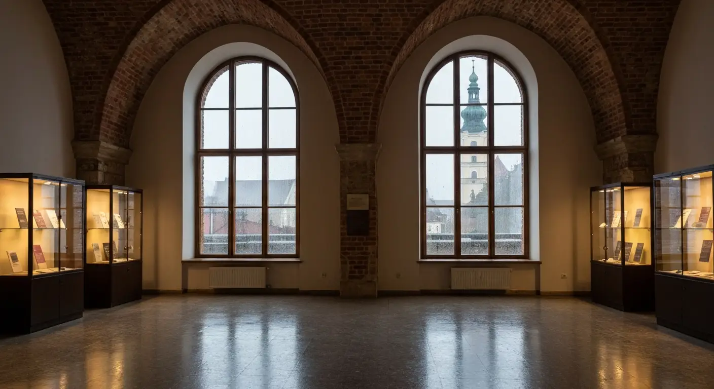 Wnetrze czestochowskiego muzeum w deszczowy dzien, gabloty i luki ceglane, za oknem mokra ulica i sylwetka wiezy Jasnej