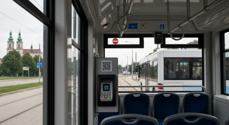 Nowoczesny tramwaj i autobus komunikacji miejskiej na przystanku w centrum Czestochowy, w tle wieza Jasnej Gory, wewnatr