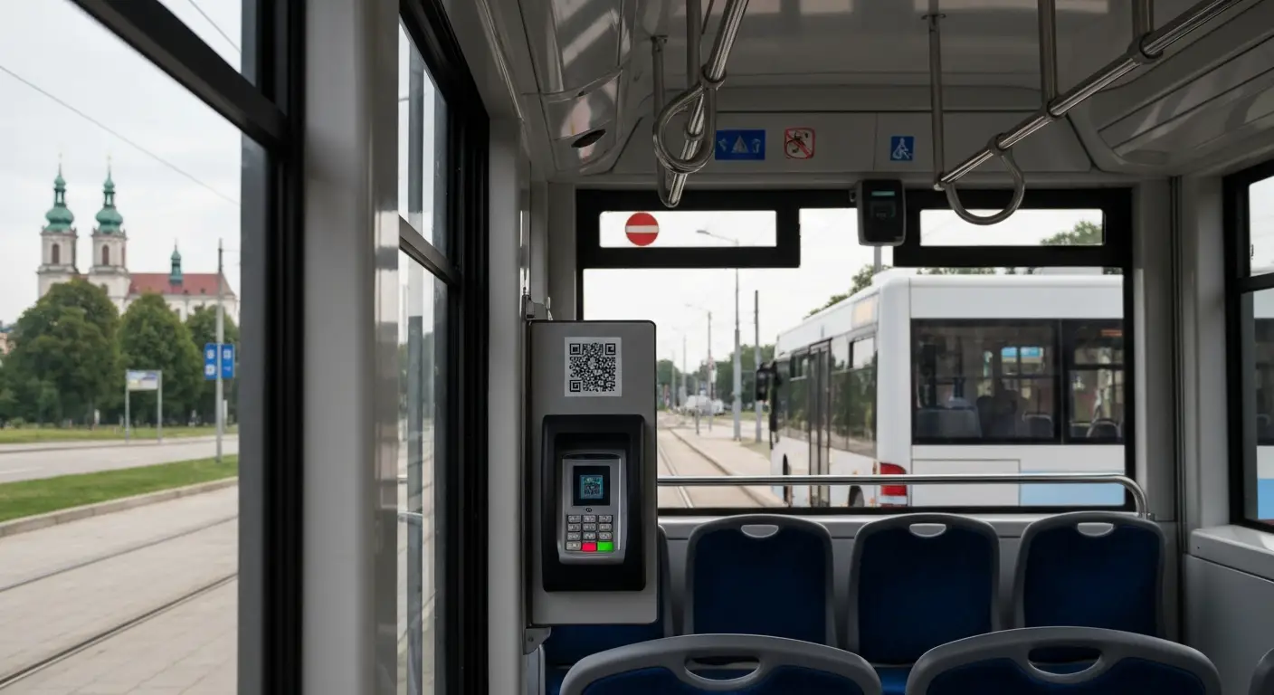 Nowoczesny tramwaj i autobus komunikacji miejskiej na przystanku w centrum Czestochowy, w tle wieza Jasnej Gory, wewnatr