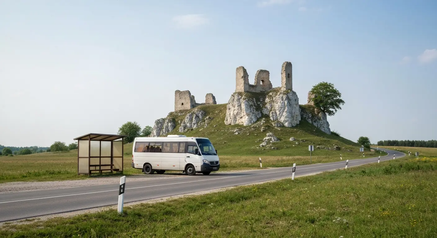 Podmiejski bus na przystanku przy drodze pod jurajskim wzgorzem z ruinami zamku w Olsztynie kolo Czestochowy, wapienne s