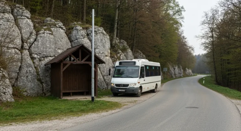 Bialy bus na przystanku przy wiejskiej drodze w Zlotym Potoku na Jurze Krakowsko-Czestochowskiej, w tle wapienne skaly i