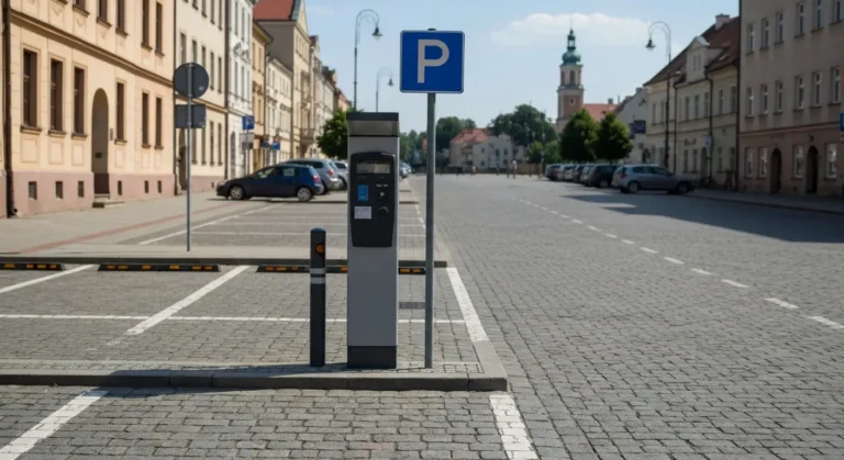 Strefa platnego parkowania przy szerokiej alei w centrum Czestochowy z parkometrem, oznaczonymi miejscami postojowymi i