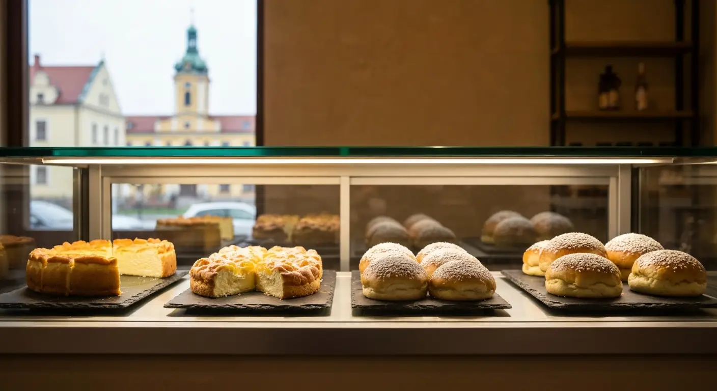 Witryna cukierni w centrum Czestochowy z sernikiem, szarlotka i monoporcjami, w tle kamienice Alej NMP i wieza Jasnej Go