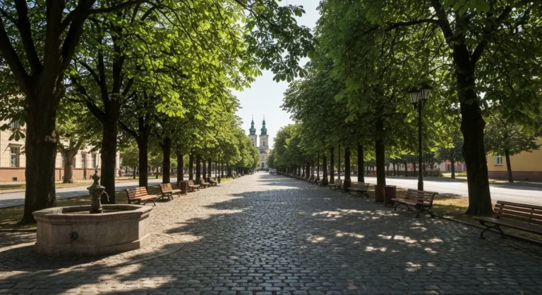 Zacieniona aleja z drzewami i lawkami w centrum Czestochowy w upalny letni dzien, w oddali wieza Jasnej Gory