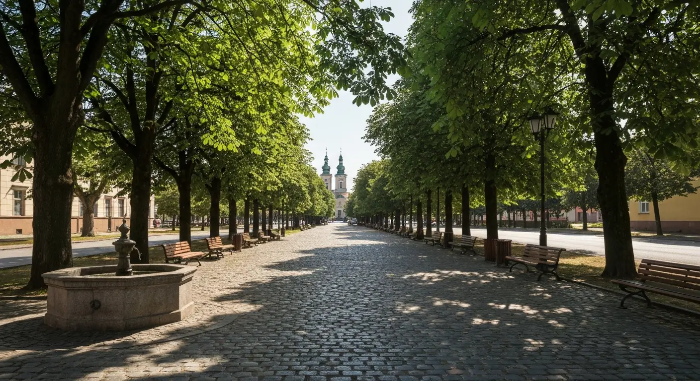 Zacieniona aleja z drzewami i lawkami w centrum Czestochowy w upalny letni dzien, w oddali wieza Jasnej Gory