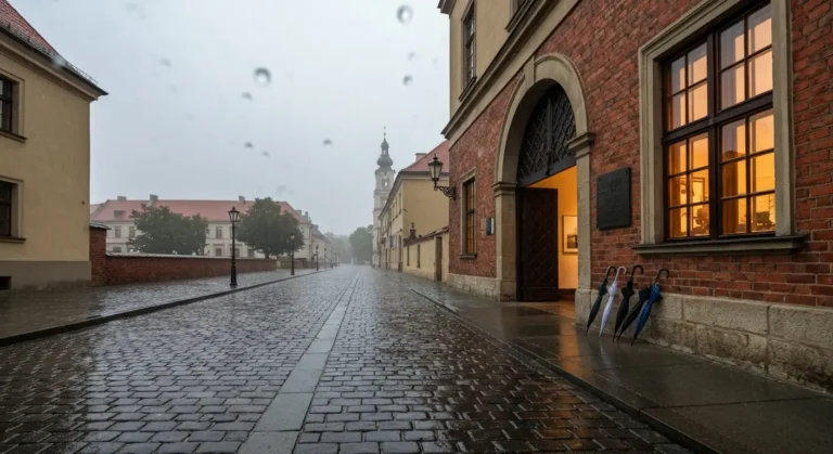 Deszczowy dzien w Czestochowie - mokra brukowana ulica przy Alejach NMP, zabytkowy ceglany budynek muzeum z rozswietlony