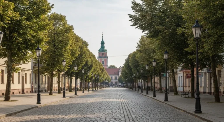 Aleje Najswietszej Maryi Panny w Czestochowie prowadzace ku wiezy klasztoru na Jasnej Gorze o poranku