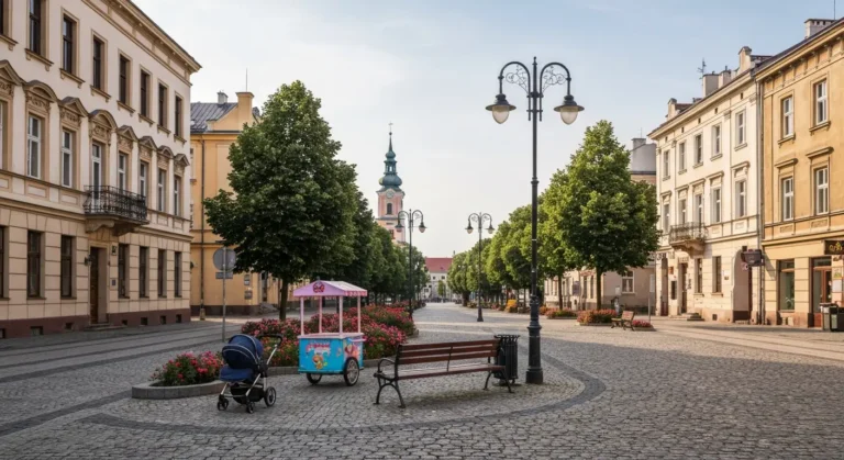 Aleje Najswietszej Maryi Panny w Czestochowie latem, w tle wieza Jasnej Gory, lawka, wozek dzieciecy i kwietniki przy br