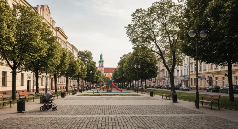 Szeroka aleja i park w Czestochowie z placem zabaw i wozkiem, w tle wieza klasztoru na Jasnej Gorze w slonecznym swietle
