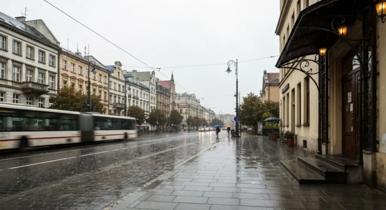 Deszczowy dzien przy Alejach NMP w centrum Czestochowy - mokra kostka, kamienice i tramwaj, zadaszone wejscie dajace sch