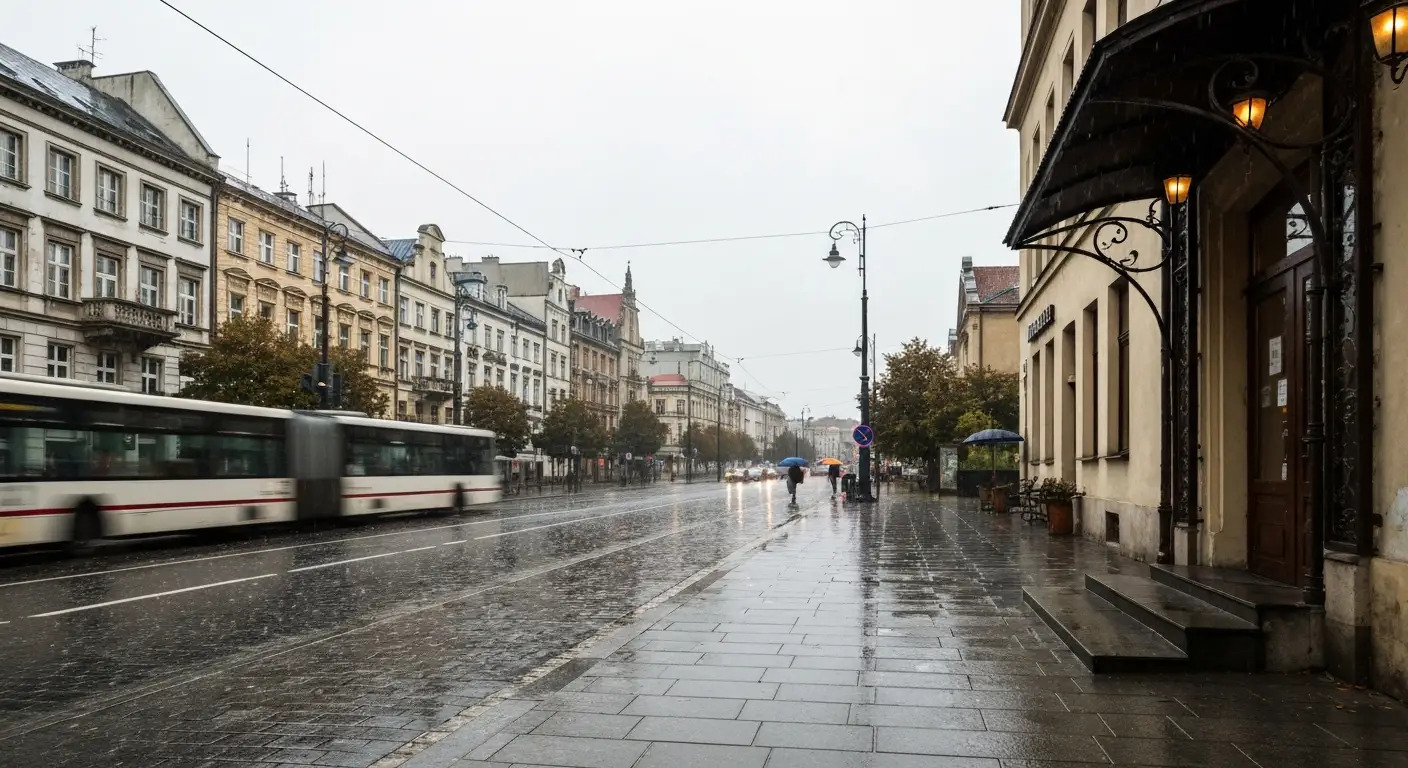 Deszczowy dzien przy Alejach NMP w centrum Czestochowy - mokra kostka, kamienice i tramwaj, zadaszone wejscie dajace sch