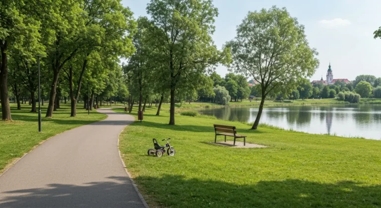 Zielony park nad zbiornikiem w Czestochowie z alejka spacerowa i drzewami, w tle wieza Jasnej Gory