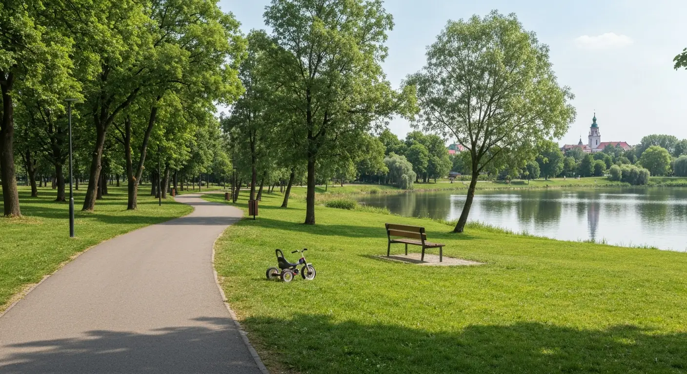 Zielony park nad zbiornikiem w Czestochowie z alejka spacerowa i drzewami, w tle wieza Jasnej Gory