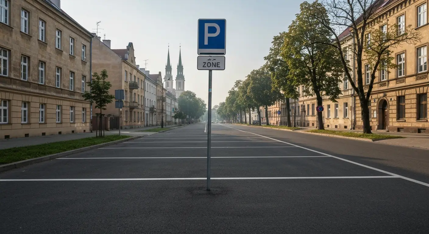Puste miejsca parkingowe przy zadrzewionej alei w centrum Czestochowy, w tle wieza klasztoru na Jasnej Gorze
