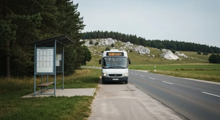 Regionalny bus na przystanku przy wiejskiej drodze prowadzacej w strone wapiennych wzgorz Jury Krakowsko-Czestochowskiej