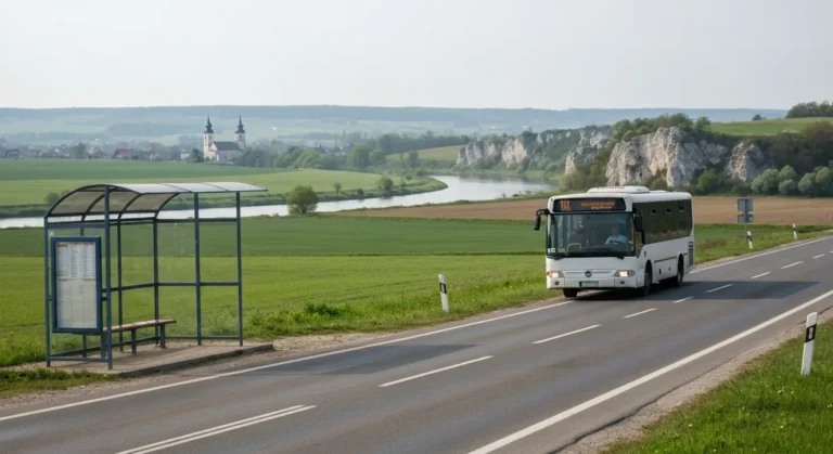 Regionalny autobus na wiejskiej drodze pod Mstowem koło Częstochowy, przystanek przy drodze, w tle rzeka Warta i wzgórza