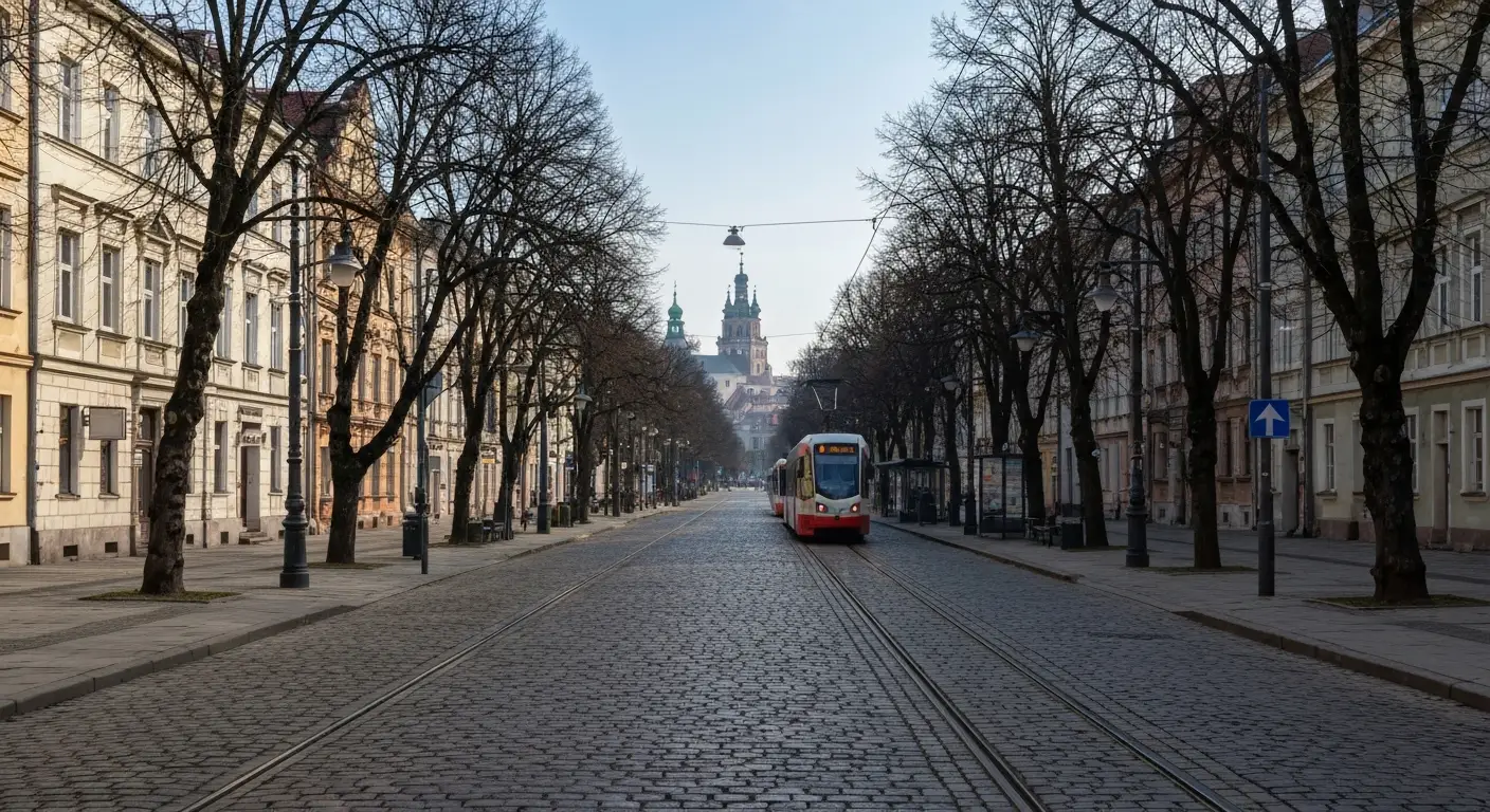 Szeroka aleja NMP w Czestochowie prowadzaca ku wiezy klasztoru na Jasnej Gorze, z tramwajem MPK i autobusem przy przysta