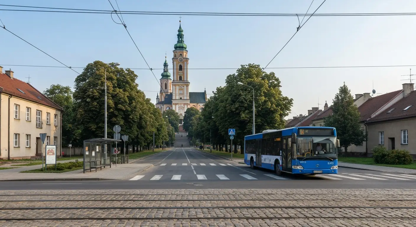 Wieza klasztoru Jasna Gora w Czestochowie widoczna nad Alejami NMP, w tle miejski autobus MPK na przystanku prowadzacym