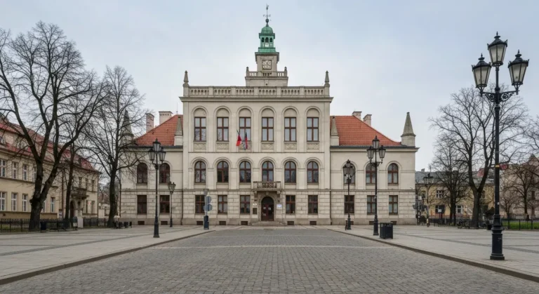Zabytkowy budynek urzedu miejskiego w Czestochowie przy szerokiej alei obsadzonej drzewami, w naturalnym swietle dnia.