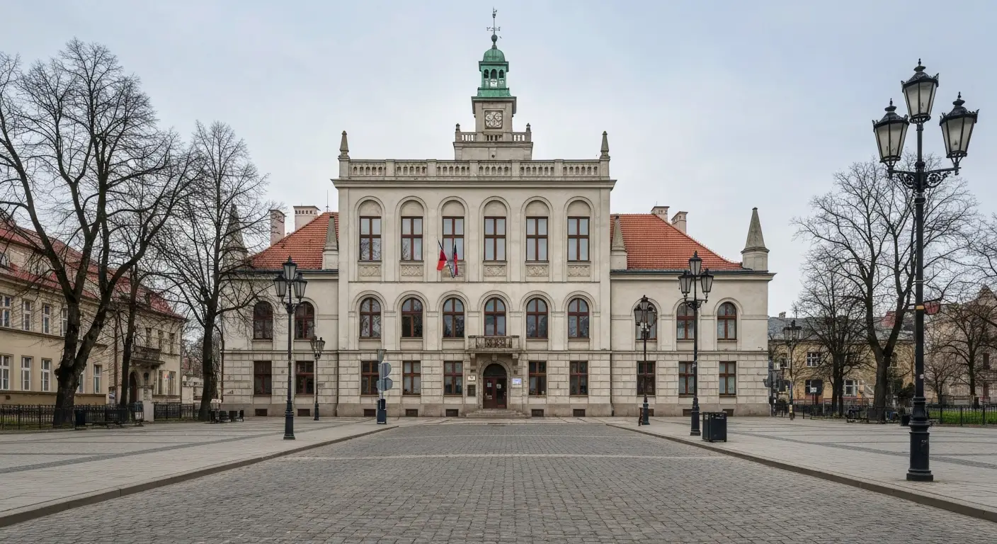 Zabytkowy budynek urzedu miejskiego w Czestochowie przy szerokiej alei obsadzonej drzewami, w naturalnym swietle dnia.