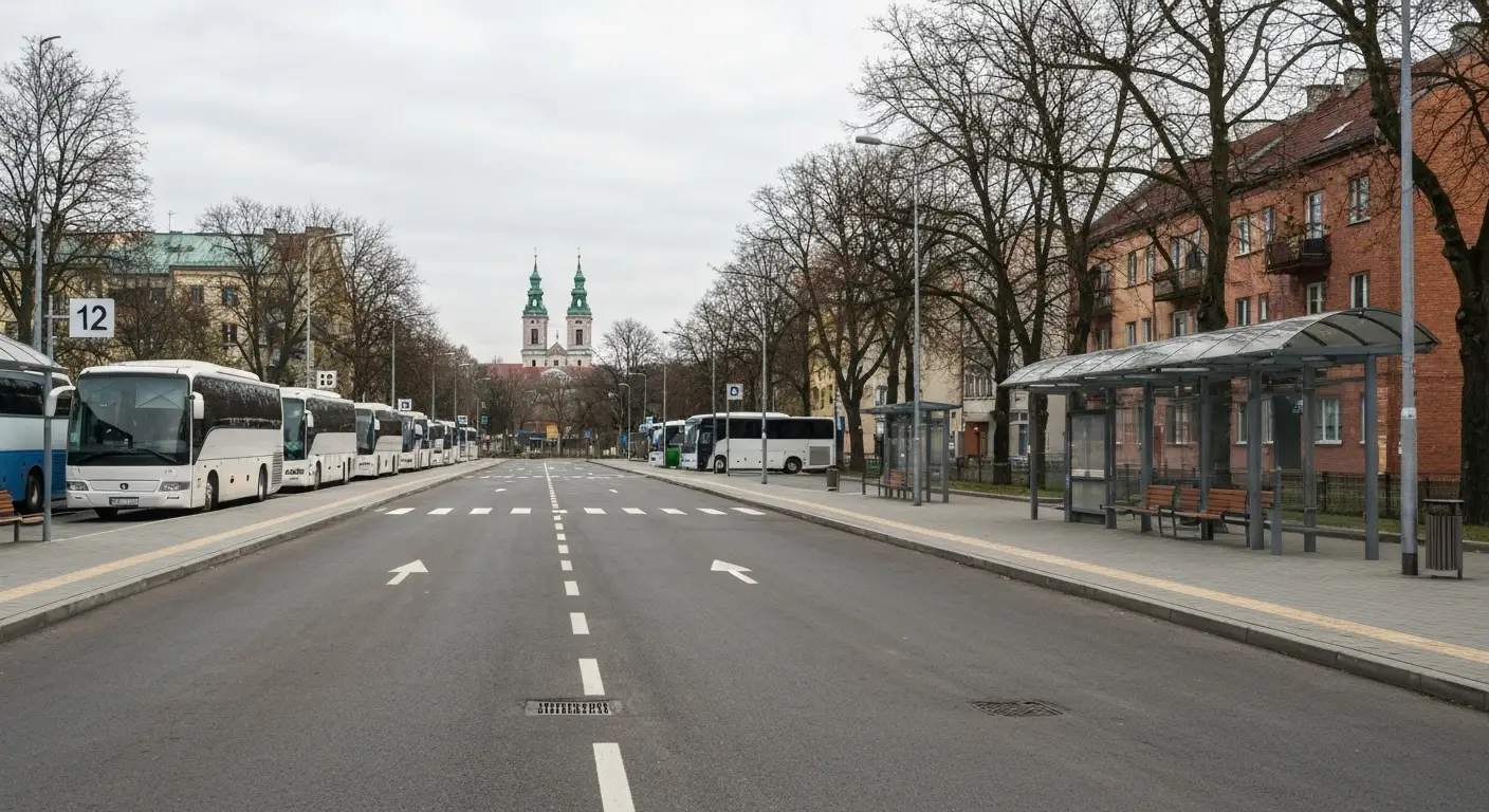 Regionalny dworzec autobusowy w Czestochowie przy al. Wolnosci - zaparkowane autokary przy peronach, w tle wieza Jasnej