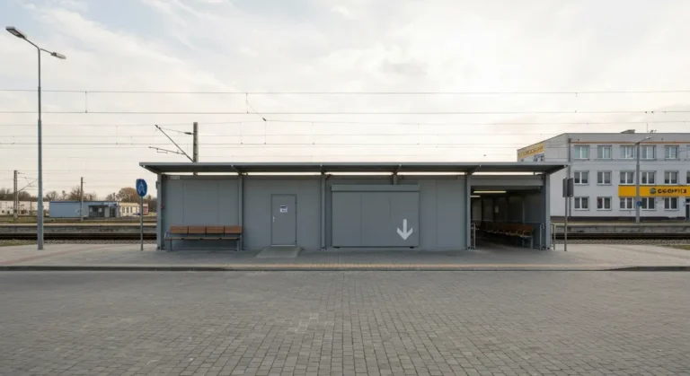 Tymczasowy kontenerowy dworzec kolejowy w Czestochowie przy placu i rondzie, z zadaszona poczekalnia i wejsciem do tunel