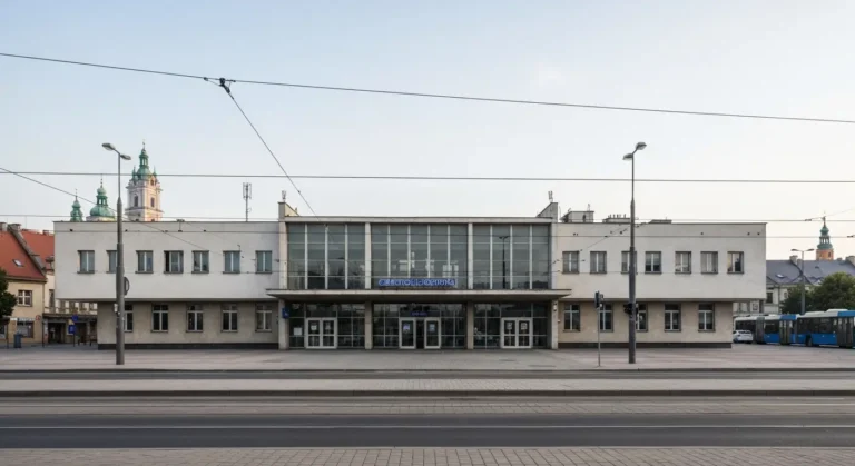 Modernistyczny budynek dworca Czestochowa Glowna przy szerokiej alei, w tle widoczna wieza klasztoru na Jasnej Gorze w p