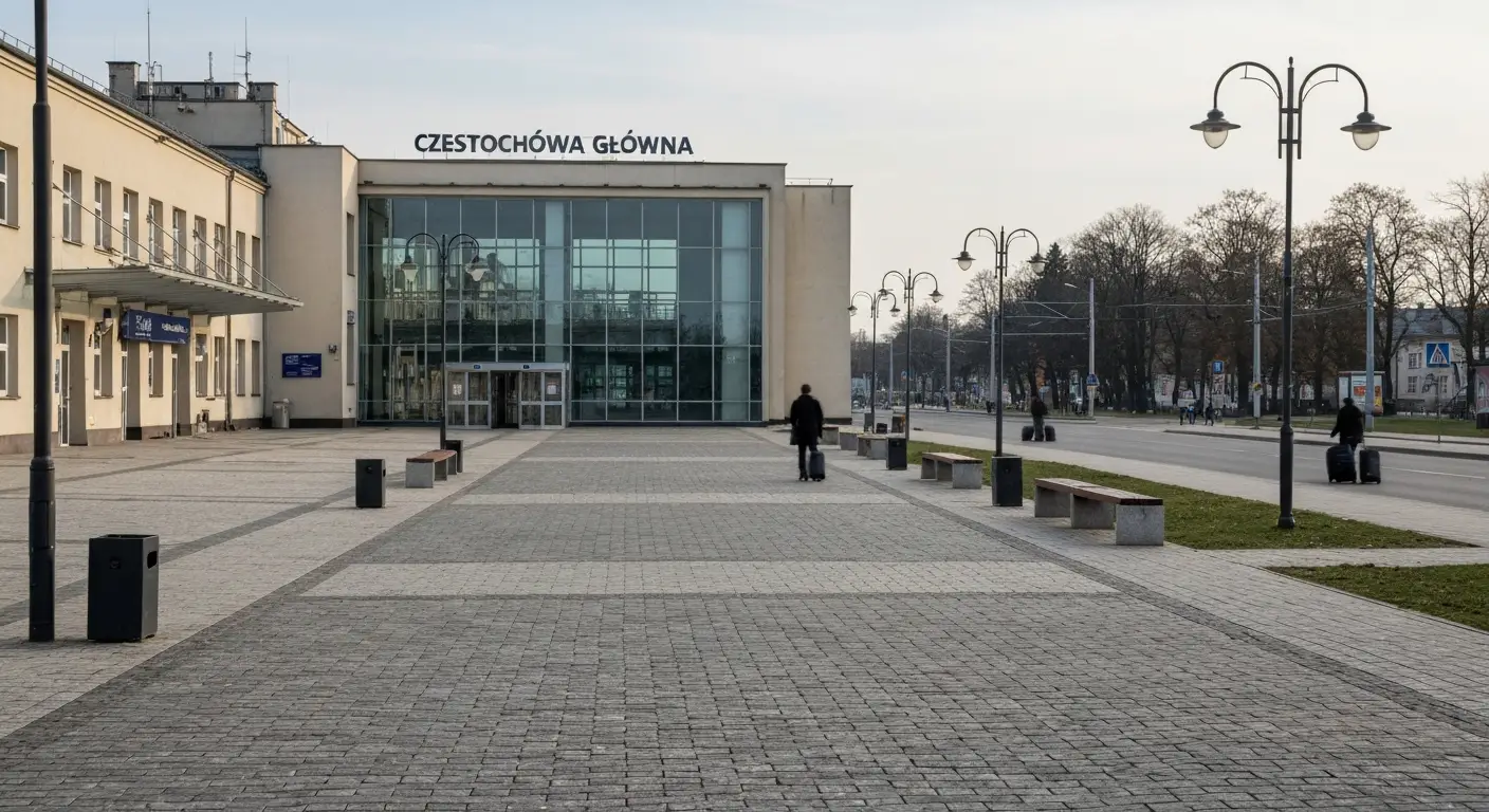 Budynek dworca kolejowego Czestochowa Glowna z szerokim dojsciem prowadzacym w strone alei w centrum miasta w naturalnym