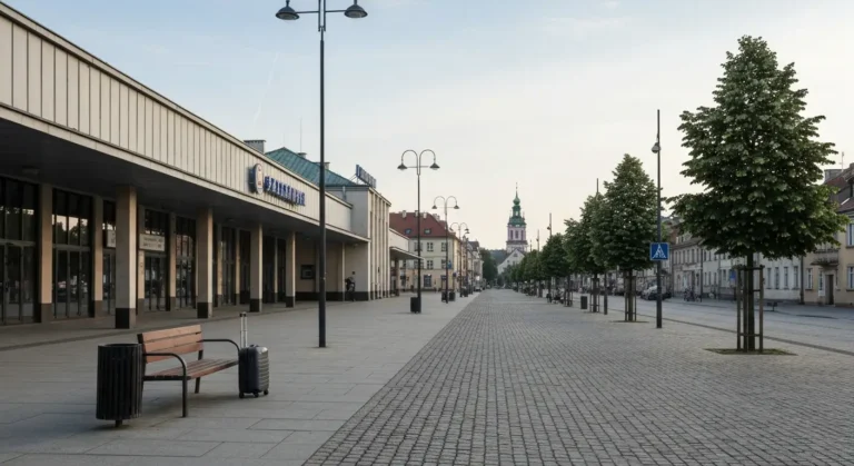 Modernistyczny budynek dworca PKP w Czestochowie i poczatek Alei Najswietszej Maryi Panny prowadzacej w strone centrum,