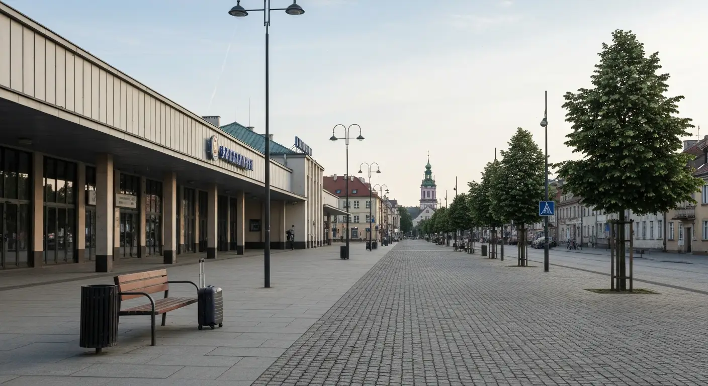 Modernistyczny budynek dworca PKP w Czestochowie i poczatek Alei Najswietszej Maryi Panny prowadzacej w strone centrum,