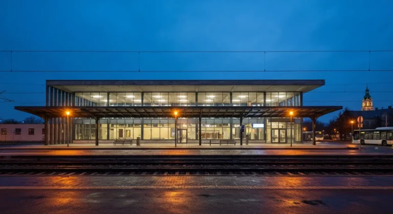 Nocny widok dworca kolejowego w Czestochowie - oswietlony peron, pusty budynek i przystanek autobusowy w ciemnosci