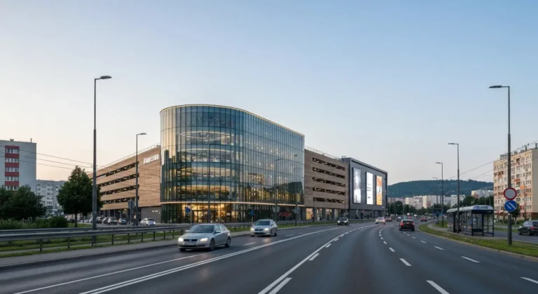 Nowoczesne centrum handlowe ze szklana fasada i wielopoziomowym parkingiem przy ruchliwej alei w Czestochowie w naturaln