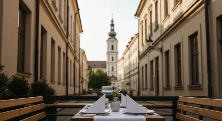 Zastawiony stolik na kamienicznej uliczce w centrum Czestochowy z wieza Jasnej Gory w tle.