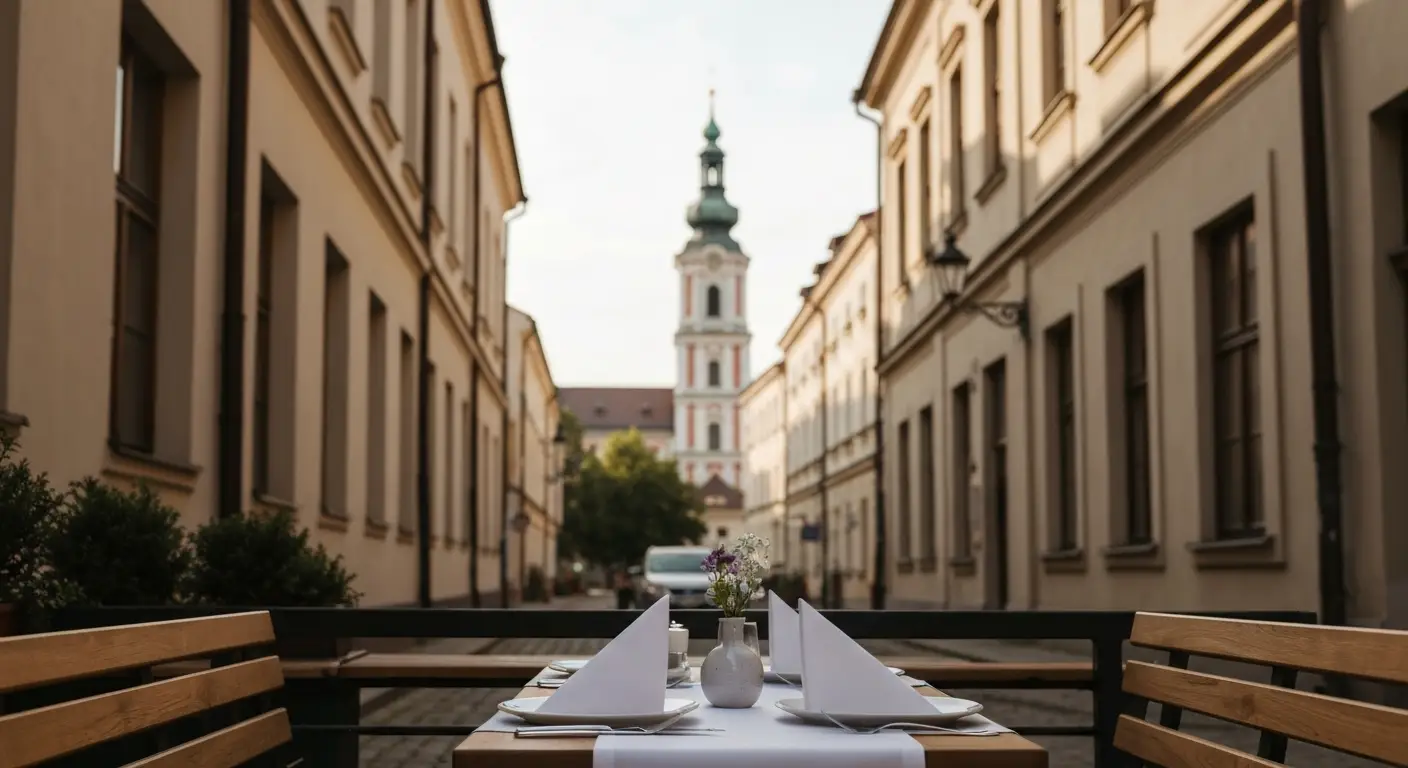 Zastawiony stolik na kamienicznej uliczce w centrum Czestochowy z wieza Jasnej Gory w tle.